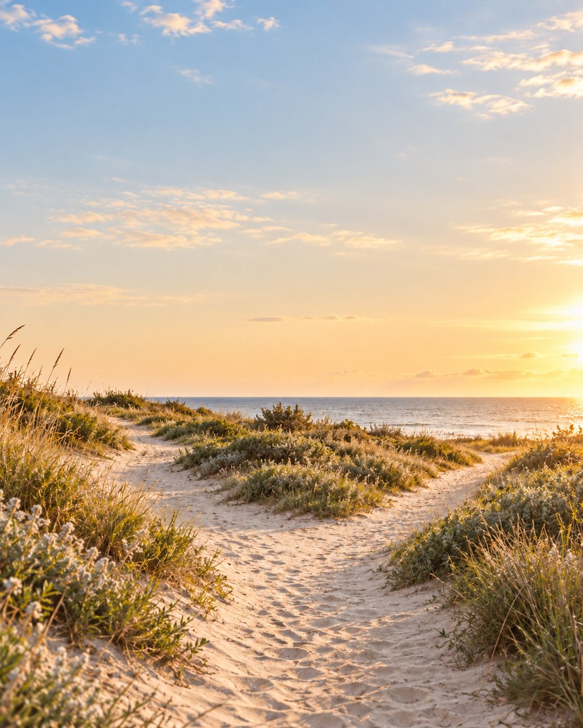 Un sentiero si divide tra le dune, nella luce calda sul mare